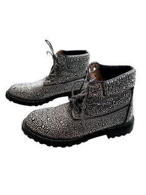 Bella Marie Black Rhinestone Suede Lace Up High-Top Moto Biker‎ Boots
